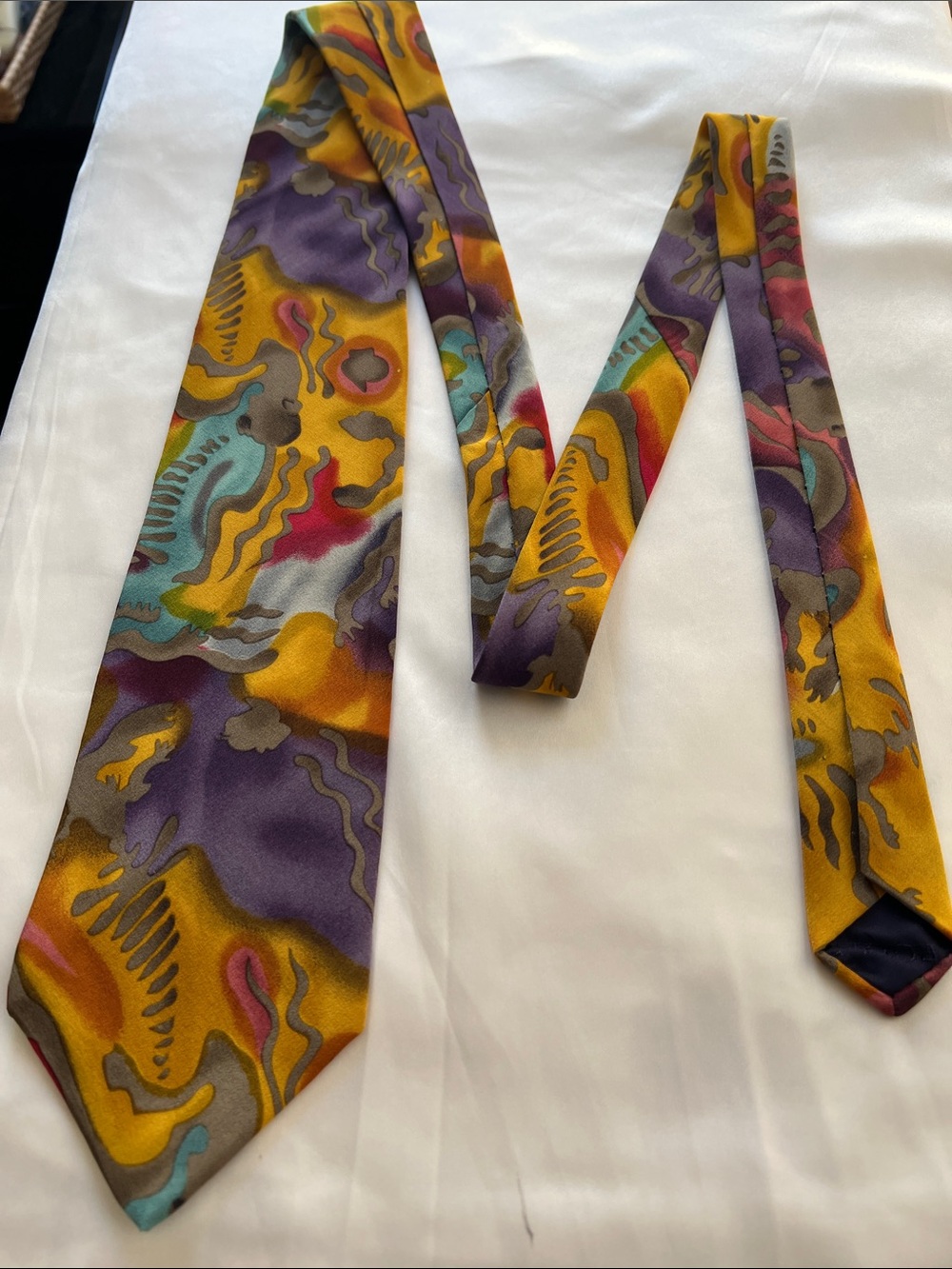 Abstract Multicolor Silk Tie in Yellow and Purple 100% Silk Imported Fabric USA